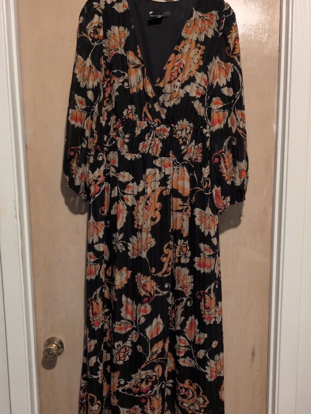 Maison Tara Black Floral Maxi Dress with Orange and Cream Details